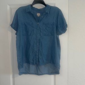 WOMENS LARGE FAUX JEAN BUTTON DOWN BLOUSE